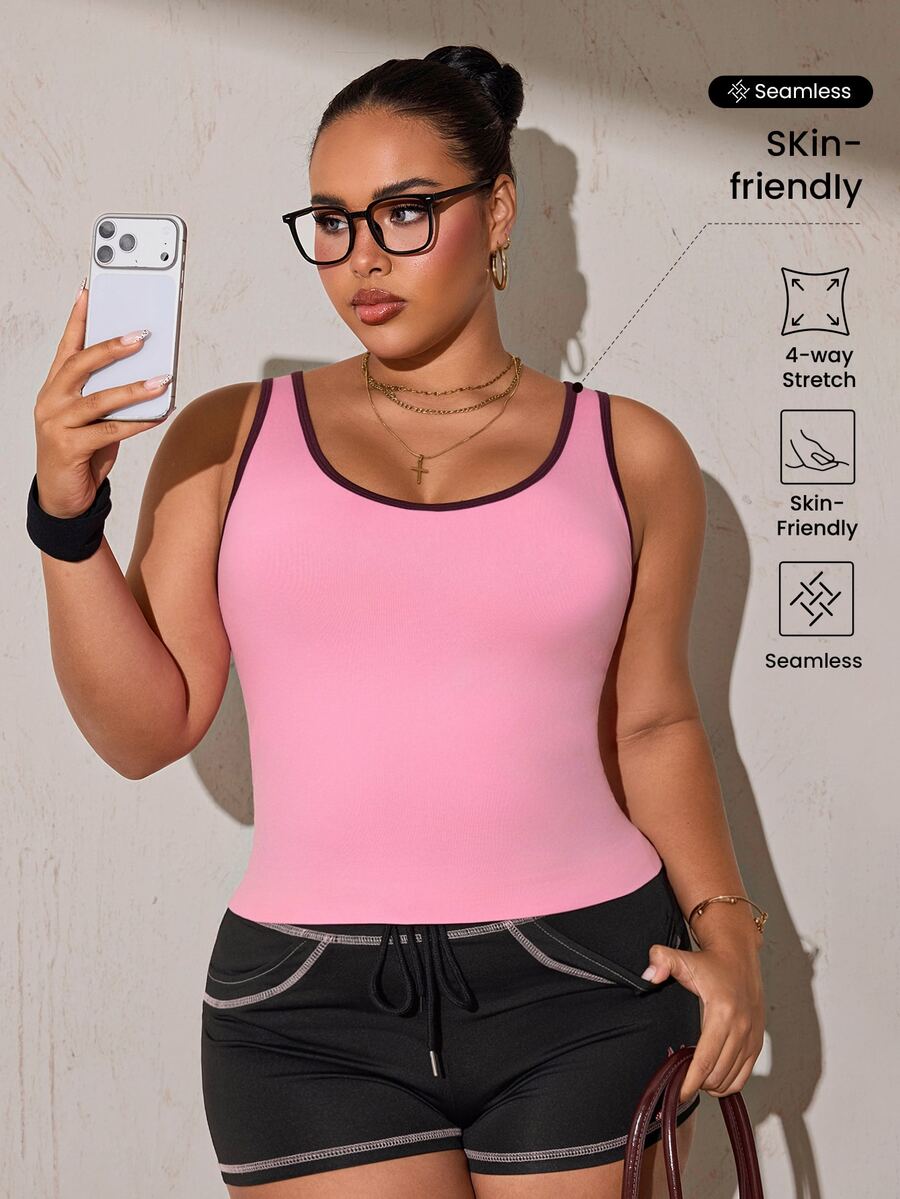 Easithlete Plus Size Women's Seamless Trim Daily Fitness Sports Tank Top - Pink - View 1