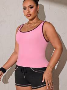 Easithlete Plus Size Women's Seamless Trim Daily Fitness Sports Tank Top - Pink - View 3