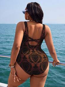 Swim Lushoire Plus Size One-Piece Swimsuit, Random Colorful Print, Minimalist Design, Suitable For Daily Wear, Bohemian Style, Summer Beach Outfit For Women - Multicolor - View 3