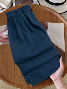 GlowEve CURVE Plus Size Women's Contrast Waist Straight Leg Pants - Blue - View 3