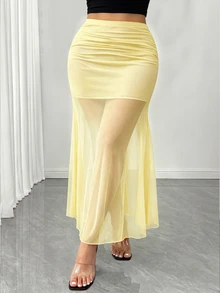 Elenzga Rok Ekor Duyung Seksi Elegan Modis untuk Wanita Ukuran Plus, Cocok untuk Musim Semi dan Musim Panas - Kuning - View 1