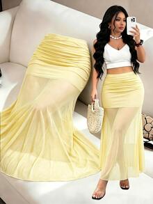 Elenzga Rok Ekor Duyung Seksi Elegan Modis untuk Wanita Ukuran Plus, Cocok untuk Musim Semi dan Musim Panas - Kuning - View 7