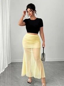 Elenzga Rok Ekor Duyung Seksi Elegan Modis untuk Wanita Ukuran Plus, Cocok untuk Musim Semi dan Musim Panas - Kuning - View 5
