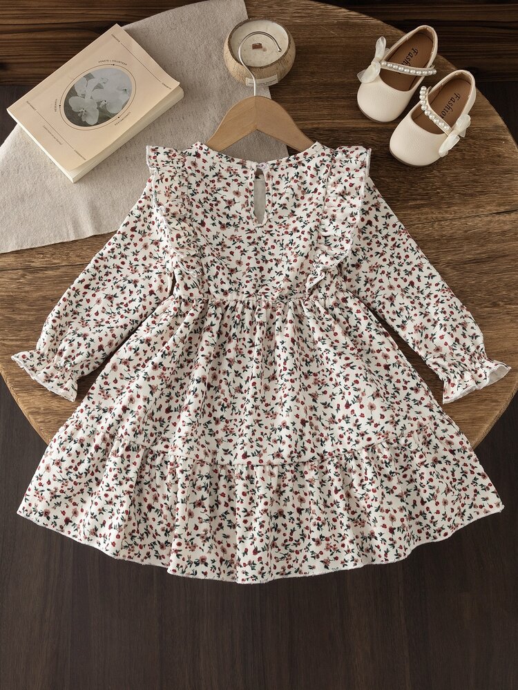 Girlss Ditsy Floral Ruffle Collar Long Sleeve Dress Covered In Tiny Ditsy Floral Double-Layered 3D Ruffle Collar Elasticized Lettuce Hem Cuffs Suitabl - Multicolor - View 2