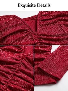 SOLERSUN Off Shoulder Ruched Crop Tee For Women, Textured Long Sleeve Slim Fit Sweetheart Neck T-Shirt - Burgundy - View 10
