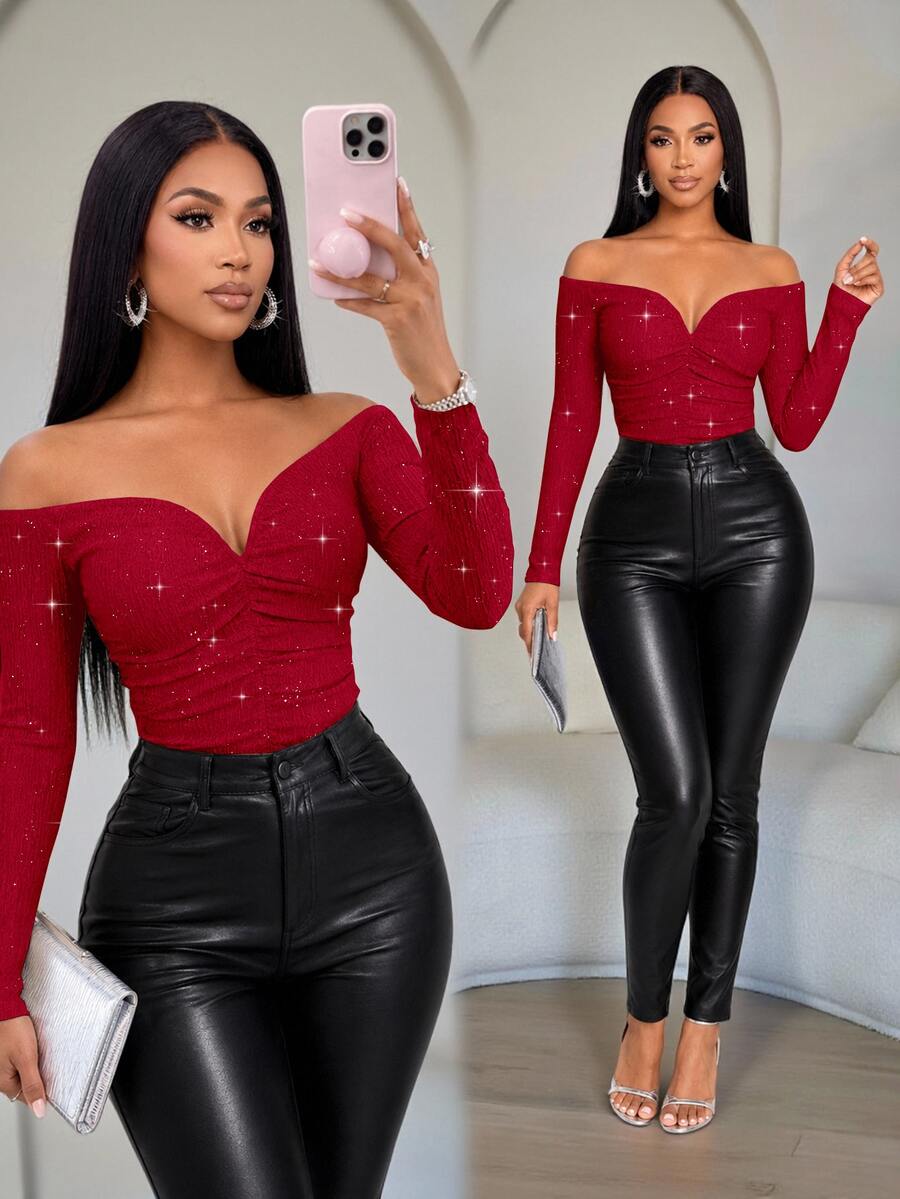 SOLERSUN Off Shoulder Ruched Crop Tee For Women, Textured Long Sleeve Slim Fit Sweetheart Neck T-Shirt