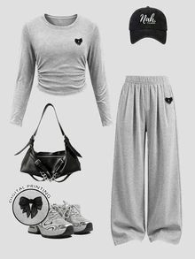 Autumn Tween Girl Fashion Minimalist Premium Glitter Bow Pattern Waist Ruched Long Sleeve T-Shirt & Wide Leg Pants Set - Multicolor - View 6