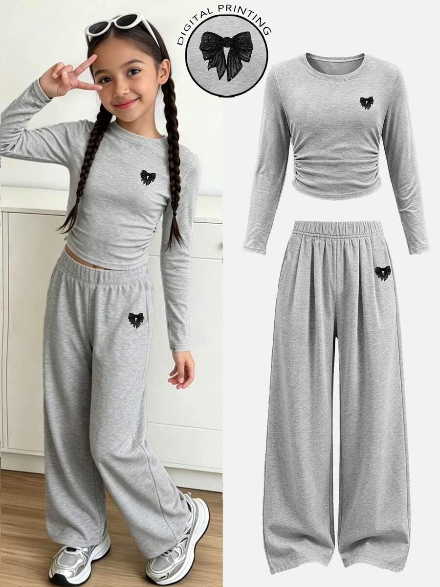 Autumn Tween Girl Fashion Minimalist Premium Glitter Bow Pattern Waist Ruched Long Sleeve T-Shirt & Wide Leg Pants Set - Multicolor - View 1