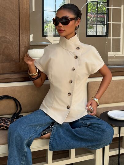 Muchica Women's Khaki Asymmetrical Button Up Blouse Elegant Stand Collar Short Sleeve Fitted Shirt Casual Business Top For Summer, Fall Vacation And Going Out