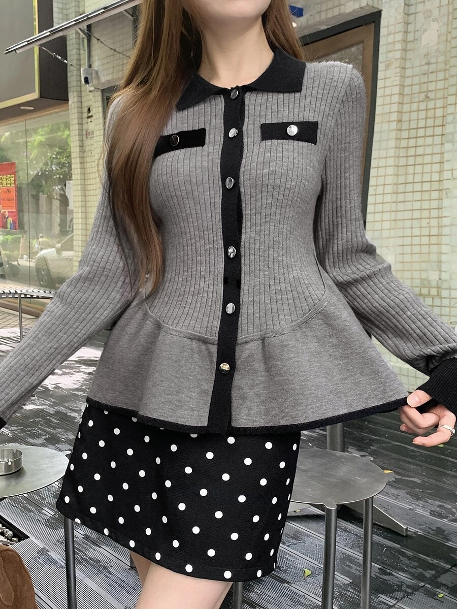 DAZY Sweater Lengan Panjang Wanita Motif Blok Warna Kasual Serbaguna untuk Pemakaian Sehari-hari di Musim Gugur - Grey - View 1