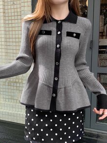 DAZY Sweater Lengan Panjang Wanita Motif Blok Warna Kasual Serbaguna untuk Pemakaian Sehari-hari di Musim Gugur - Grey - View 4