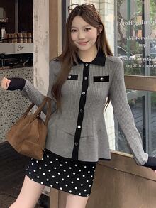 DAZY Sweater Lengan Panjang Wanita Motif Blok Warna Kasual Serbaguna untuk Pemakaian Sehari-hari di Musim Gugur - Grey - View 5