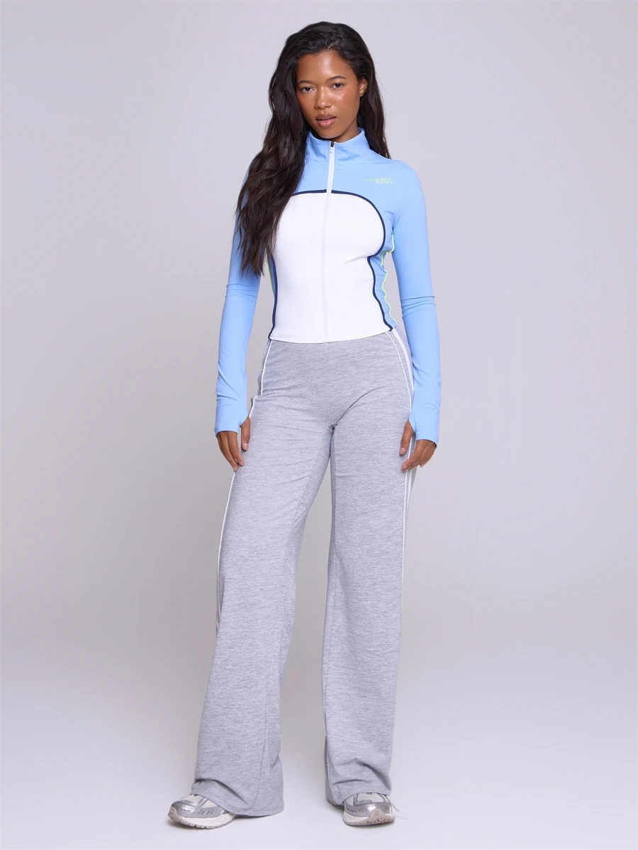 Musera Sport High Neck Zip Through Fitted Contrast Colour Panel BBL Style Active Coord Jacket Fall Winter Autumn Fitness Gym Pilates - White - View 1