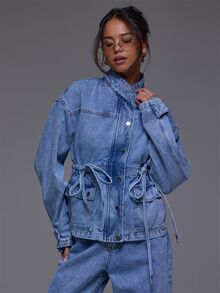 MUSERA Asymmetric Funnel Neck Denim Jacket Winter Autumn Everyday Casual Going Out Cool Weekdaze - Light Wash - View 2