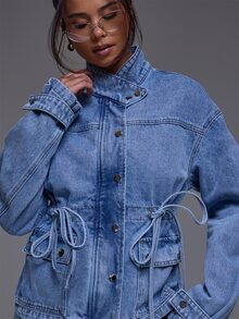 MUSERA Asymmetric Funnel Neck Denim Jacket Winter Autumn Everyday Casual Going Out Cool Weekdaze - Light Wash - View 3