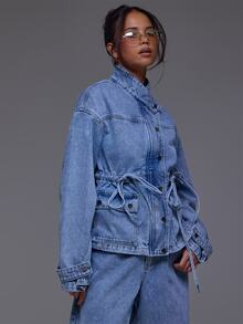 MUSERA Asymmetric Funnel Neck Denim Jacket Winter Autumn Everyday Casual Going Out Cool Weekdaze - Light Wash - View 1