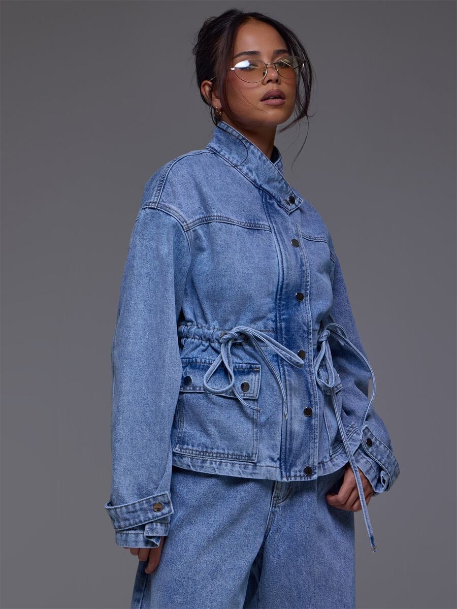 MUSERA Asymmetric Funnel Neck Denim Jacket Winter Autumn Everyday Casual Going Out Cool Weekdaze - Light Wash - View 1