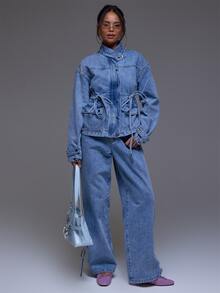 MUSERA Asymmetric Funnel Neck Denim Jacket Winter Autumn Everyday Casual Going Out Cool Weekdaze - Light Wash - View 5