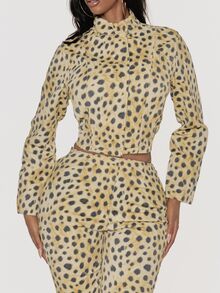 MUSERA جاكيت نسائي من الدنيم بطبعة نمر وياقة قمع وسحاب شتوي خريفي للخروج والحفلات - بني - مشاهدة 2