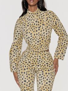 MUSERA جاكيت نسائي من الدنيم بطبعة نمر وياقة قمع وسحاب شتوي خريفي للخروج والحفلات - بني - مشاهدة 1