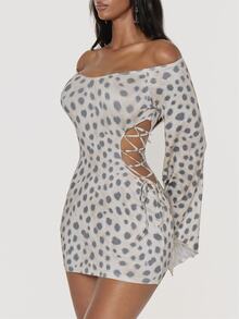 MUSERA Leopard Print Strapless Lace Side Detail Mini Dress Winter Fall Womens Dress Going Out Outfit Party - Multicolor - View 4