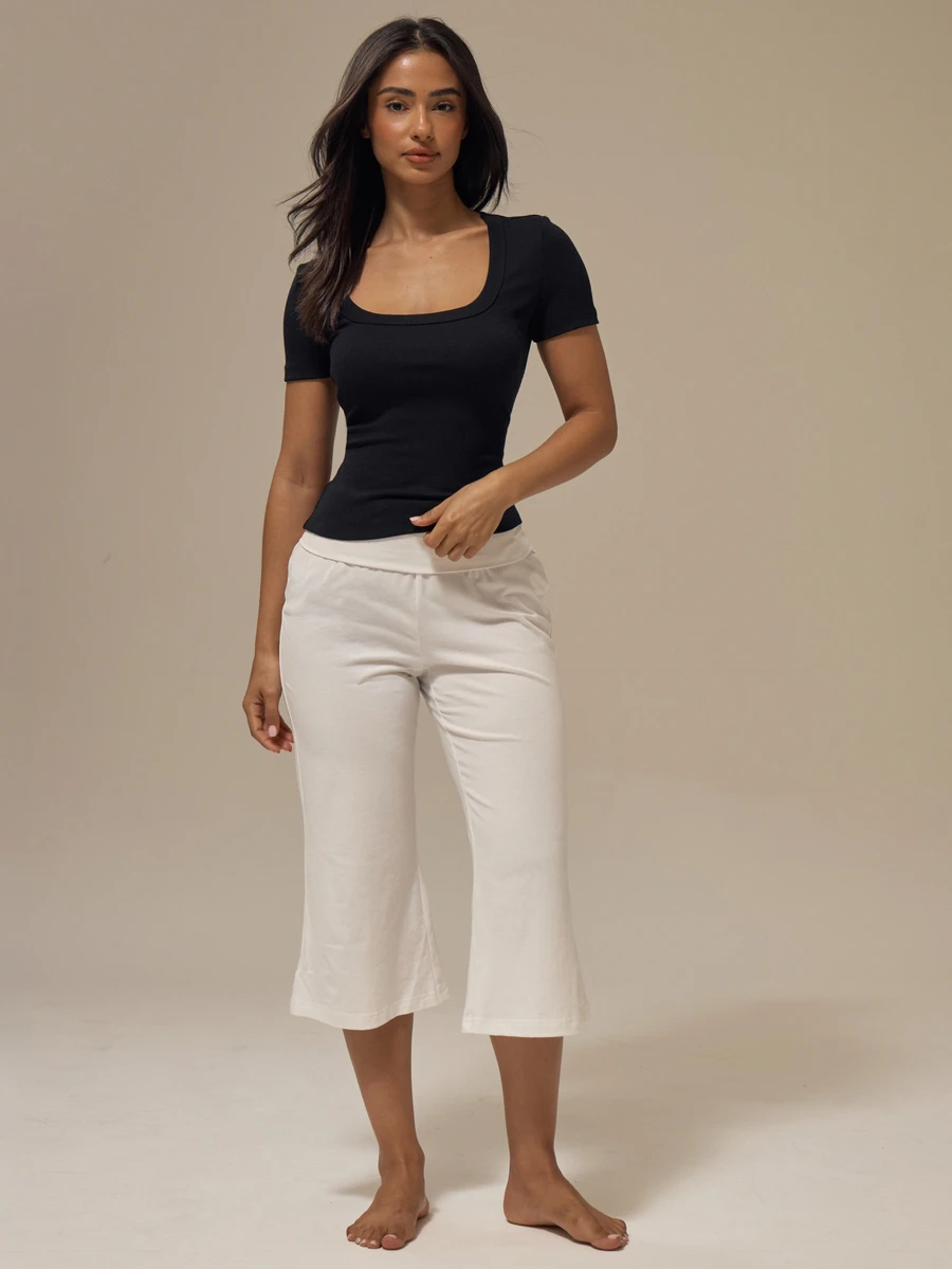 MUSERA Atasan Kaos Rajut Hitam Bergaris dengan Leher Bulat Dalam dan Kerah Terikat, Lengan Pendek, Potongan Ramping, Cocok untuk Pakaian Santai Sehari-hari di Musim Panas dan Feminin - Hitam - View 1