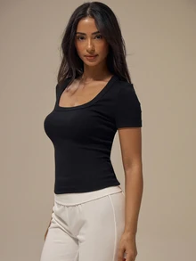 MUSERA Atasan Kaos Rajut Hitam Bergaris dengan Leher Bulat Dalam dan Kerah Terikat, Lengan Pendek, Potongan Ramping, Cocok untuk Pakaian Santai Sehari-hari di Musim Panas dan Feminin - Hitam - View 3