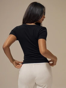 MUSERA Atasan Kaos Rajut Hitam Bergaris dengan Leher Bulat Dalam dan Kerah Terikat, Lengan Pendek, Potongan Ramping, Cocok untuk Pakaian Santai Sehari-hari di Musim Panas dan Feminin - Hitam - View 4