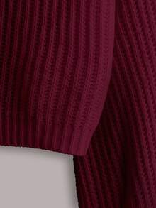 SHEIN Petite Size Women Solid Color Crop Lantern Sleeve Button Front Rib Knit Casual Cardigan Date School Autumn - Burgundy - View 7