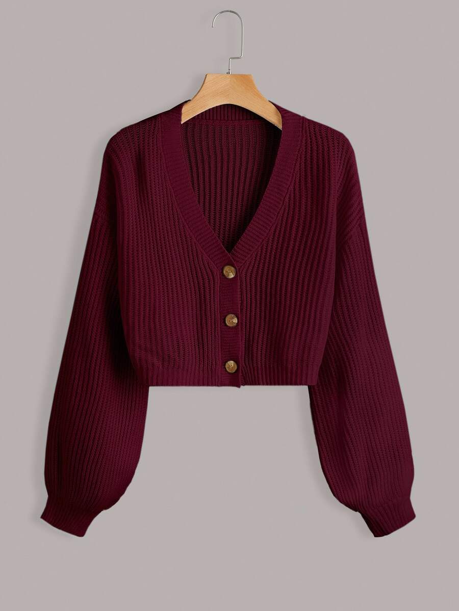 SHEIN Petite Size Women Solid Color Crop Lantern Sleeve Button Front Rib Knit Casual Cardigan Date School Autumn
