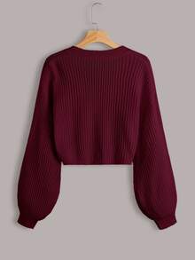 SHEIN Petite Size Women Solid Color Crop Lantern Sleeve Button Front Rib Knit Casual Cardigan Date School Autumn - Burgundy - View 3
