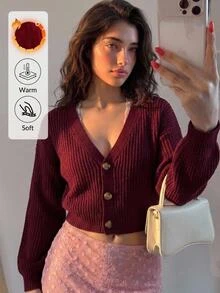SHEIN Petite Size Women Solid Color Crop Lantern Sleeve Button Front Rib Knit Casual Cardigan Date School Autumn - Burgundy - View 4