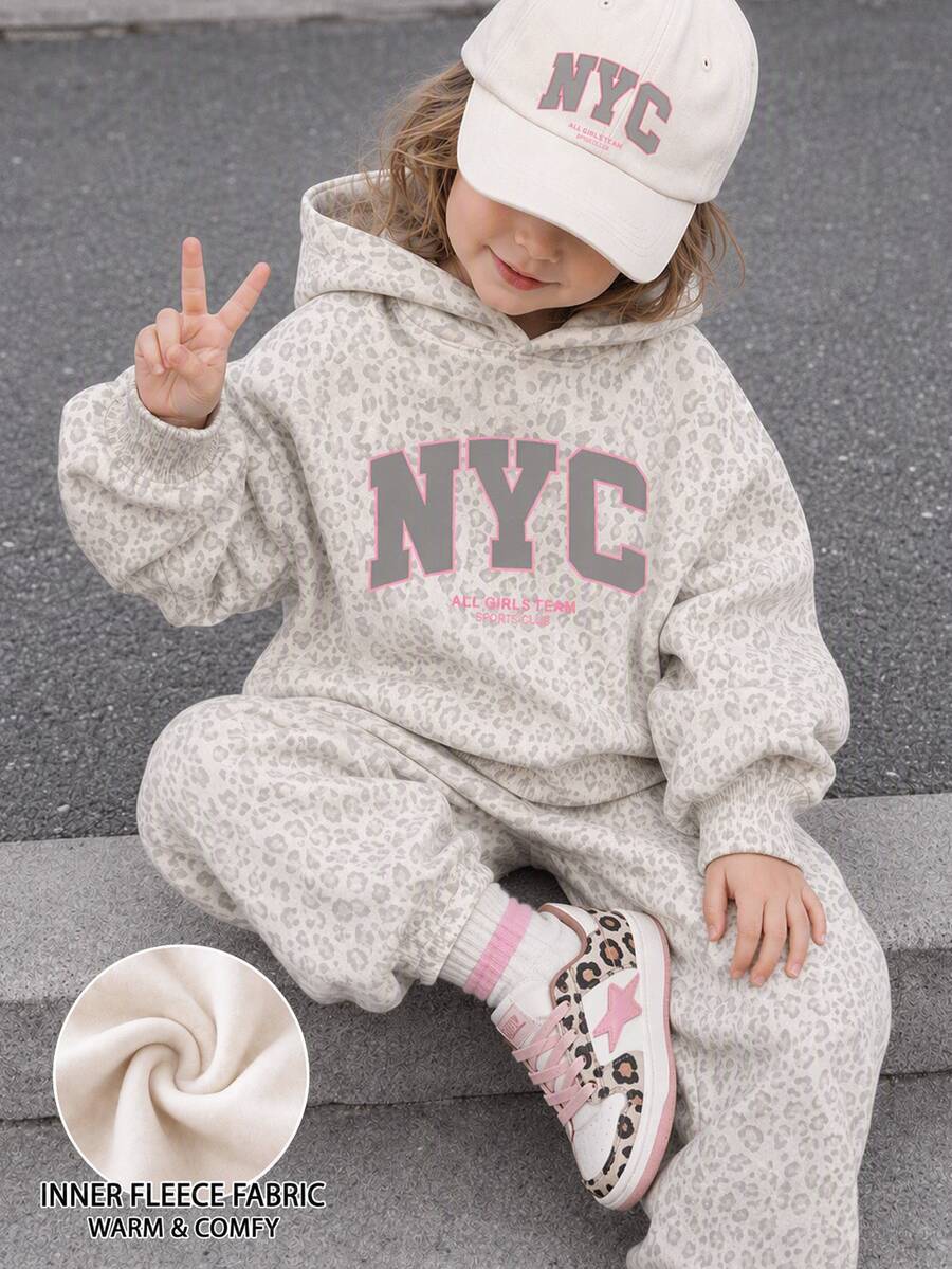THE HAPPY LOOK 灰色豹紋配粉色對比,高街甜酷時尚豹紋運動對比字母 NYC 圖案,女童幼兒休閒柔軟舒適寬鬆連帽衛衣,秋冬新款,適合日常、戶外、運動、街頭穿搭、校園時尚返校,美式復古學院風 - 彩色 - 查看 1