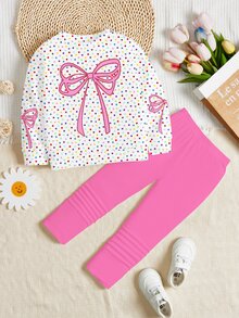 女童休閒極簡可愛甜美蝴蝶結圖案、彩色波點圓領長袖衛衣與內搭褲2件套，適合秋冬，舒適秋季與冬季風格，情人節，Kawaii，Chill，Y2K - 彩色 - 查看 3