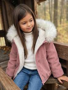 Emery Rose Kids Emery Rose Kids 女童小女孩編織素色人造毛飾邊仿羊羔絨內裡休閒冬季夾克 - 藕粉色 - 查看 4