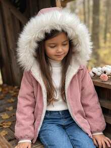 Emery Rose Kids Emery Rose Kids 女童小女孩編織素色人造毛飾邊仿羊羔絨內裡休閒冬季夾克 - 藕粉色 - 查看 2