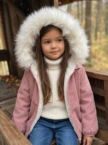 Emery Rose Kids Emery Rose Kids 女童小女孩編織素色人造毛飾邊仿羊羔絨內裡休閒冬季夾克 - 藕粉色 - 查看 3