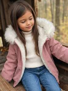 Emery Rose Kids Emery Rose Kids 女童小女孩編織素色人造毛飾邊仿羊羔絨內裡休閒冬季夾克 - 藕粉色 - 查看 1
