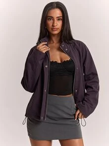 SHEIN BAE 純色插肩袖夾克 日間度假風 炭灰色 低溫穿著 休閒寬鬆 極簡日常 外出穿搭 秋季 - 中紫紅色 - 查看 5