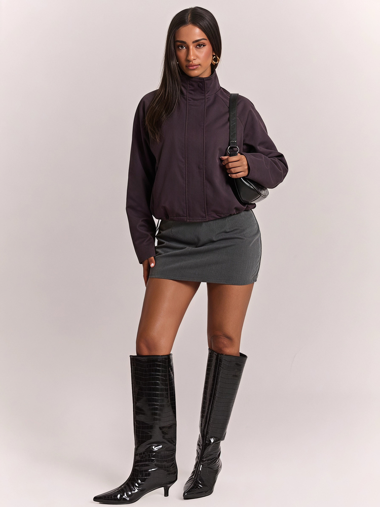 SHEIN BAE Solid Raglan Sleeve Jacket Day Time Holiday Charcoal Cold Weather Casual Baggy Minimalist Everyday Going Out Fall - Red Violet - View 3