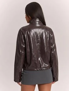 SHEIN BAE 巧克力棕色 PU 皮革拉鍊夾克，適合夜晚外出、秋季街頭風、街頭穿搭、休閒 - 巧克力棕 - 查看 2