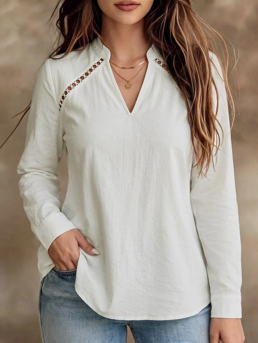 Breezaya Large-Sized Plus Size Women's Notch Neck Elegant Casual Top, Spring Summer Fall Winter, Country Beach Fashion White Work Top - White - View 1