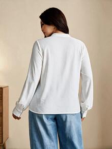 Breezaya Large-Sized Plus Size Women's Notch Neck Elegant Casual Top, Spring Summer Fall Winter, Country Beach Fashion White Work Top - White - View 2