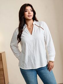 Breezaya Large-Sized Plus Size Women's Notch Neck Elegant Casual Top, Spring Summer Fall Winter, Country Beach Fashion White Work Top - White - View 4