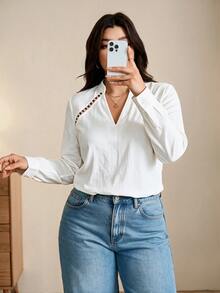 Breezaya Large-Sized Plus Size Women's Notch Neck Elegant Casual Top, Spring Summer Fall Winter, Country Beach Fashion White Work Top - White - View 5