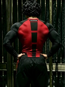 GymBeat 男士牛頭印花插肩袖長袖運動T恤，健身房穿著 - 黑色 - 查看 2