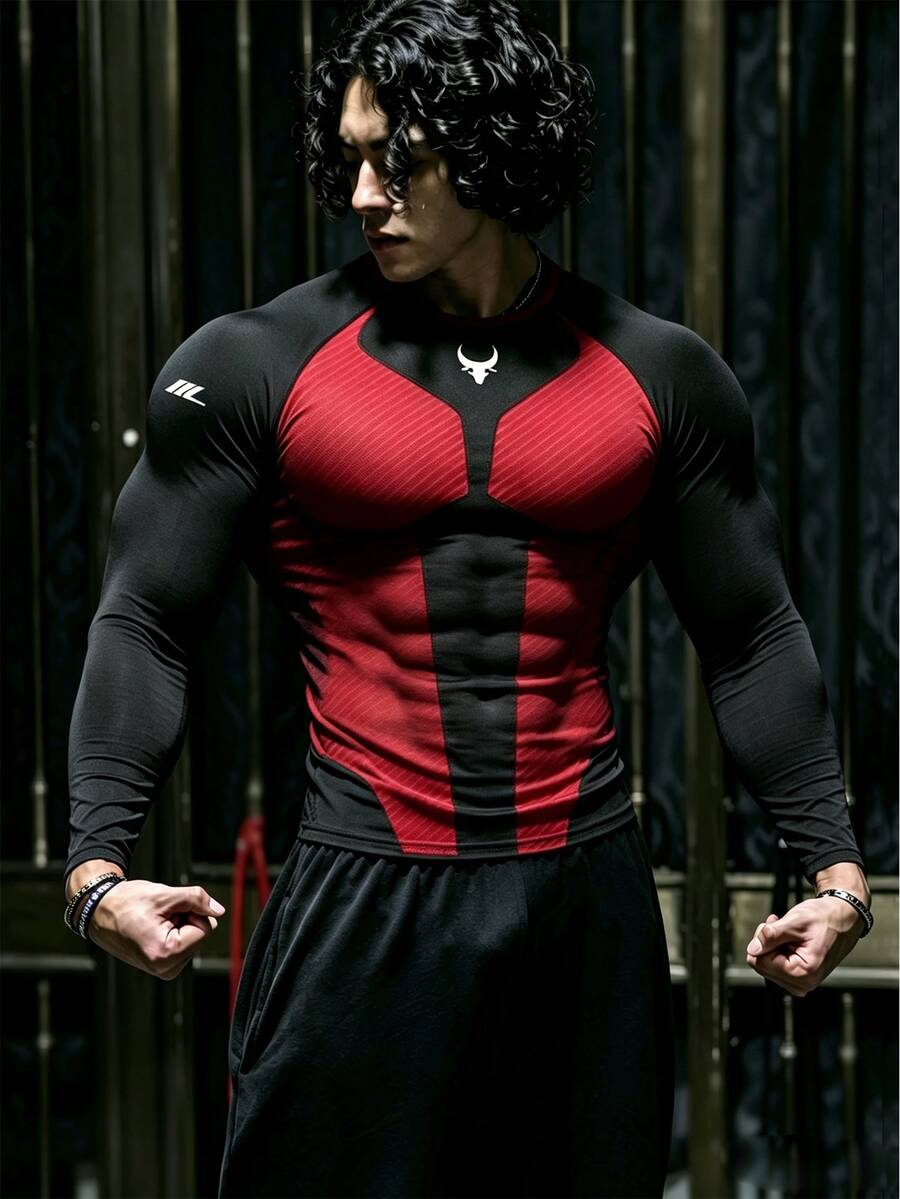 GymBeat 男士牛頭印花插肩袖長袖運動T恤,健身房穿著 - 黑色 - 查看 1