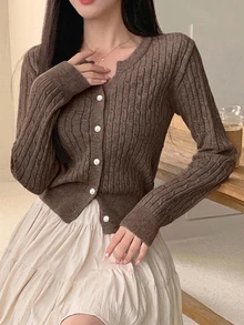 DAZY Women's Long Sleeve Single-Breasted Casual Knitted Cable Cardigan Fall - Khaki - View 3