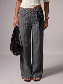 Avenya Striped Low Waist Wide Waistband Double Belt Tie Wide Leg Long Pants - Multicolor - View 3