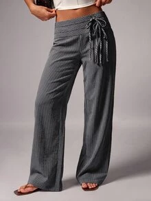 Avenya Striped Low Waist Wide Waistband Double Belt Tie Wide Leg Long Pants - Multicolor - View 2
